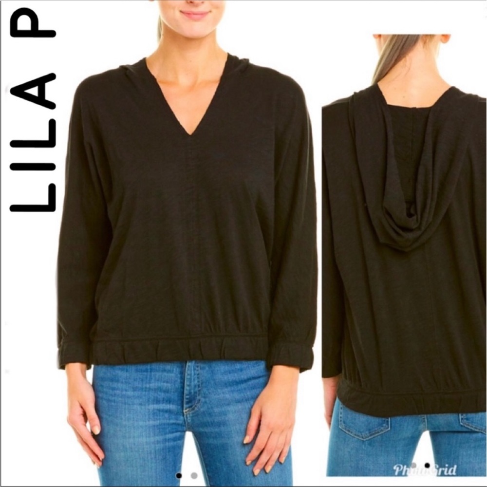Lilla P Slub 3/4 Sleeve Black Cotton Hoodie - Size Medium